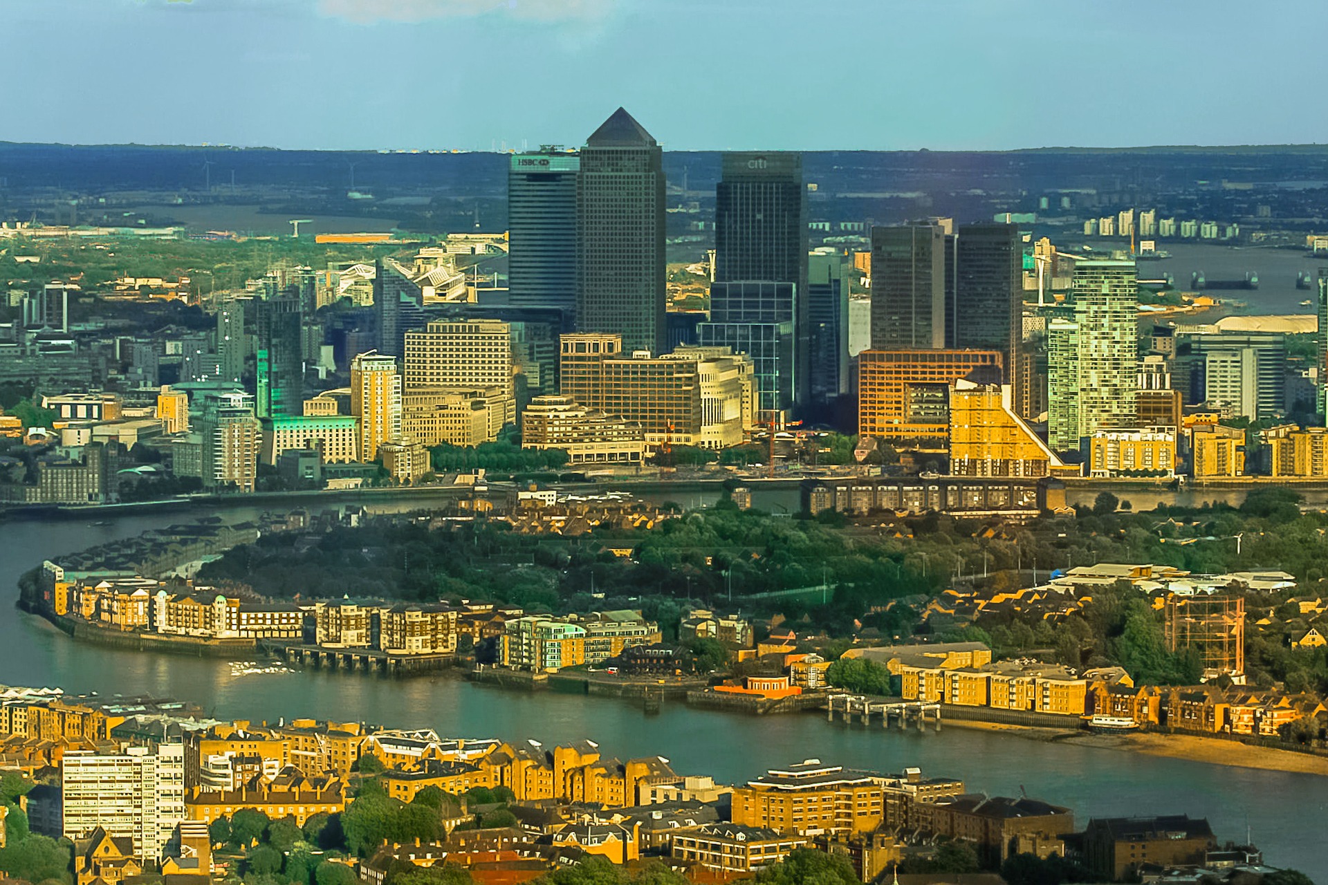 Aerial view of Canary Wharf, London, UK