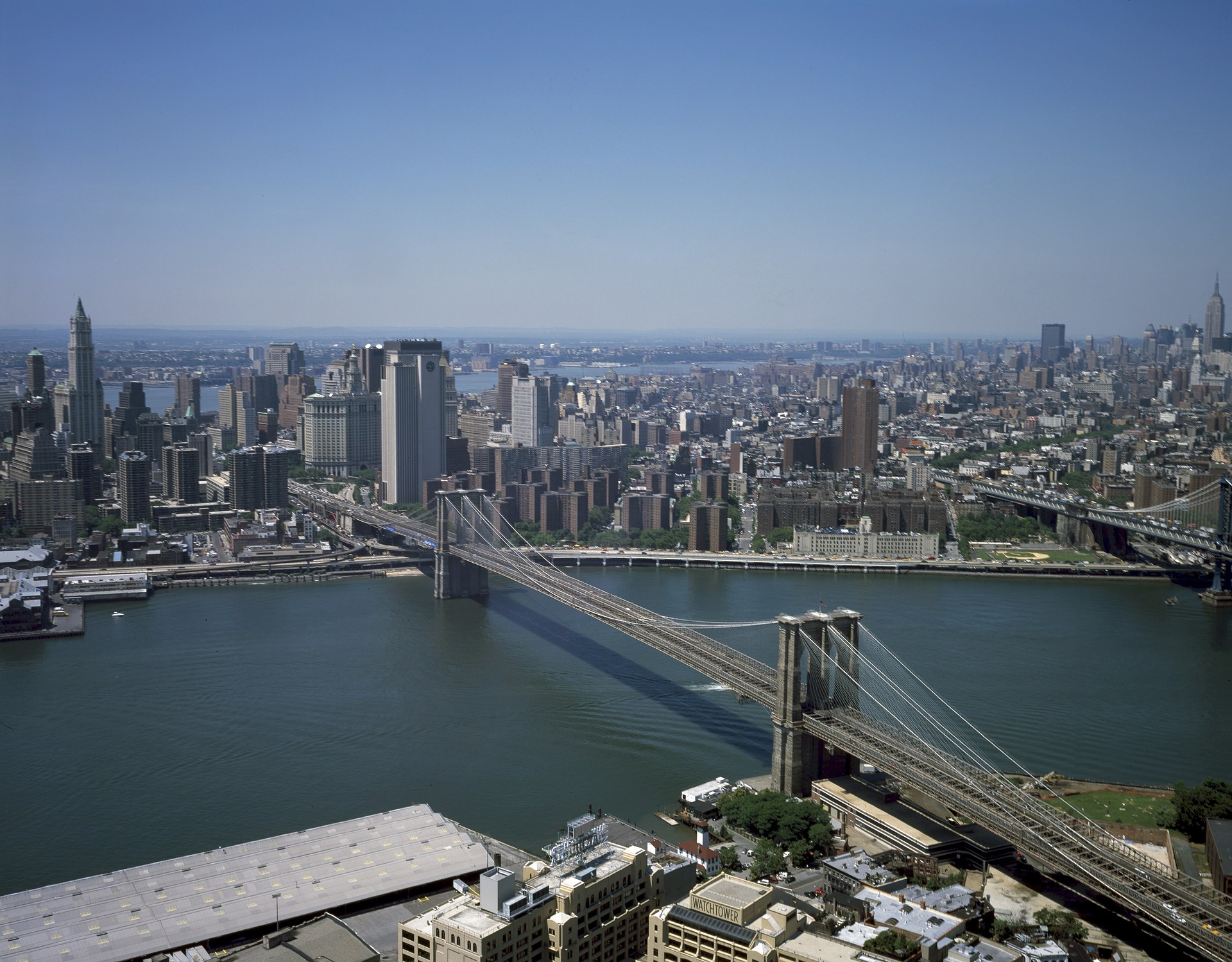 Aerial View of Brooklyn Bridge and Manhattan, New York City