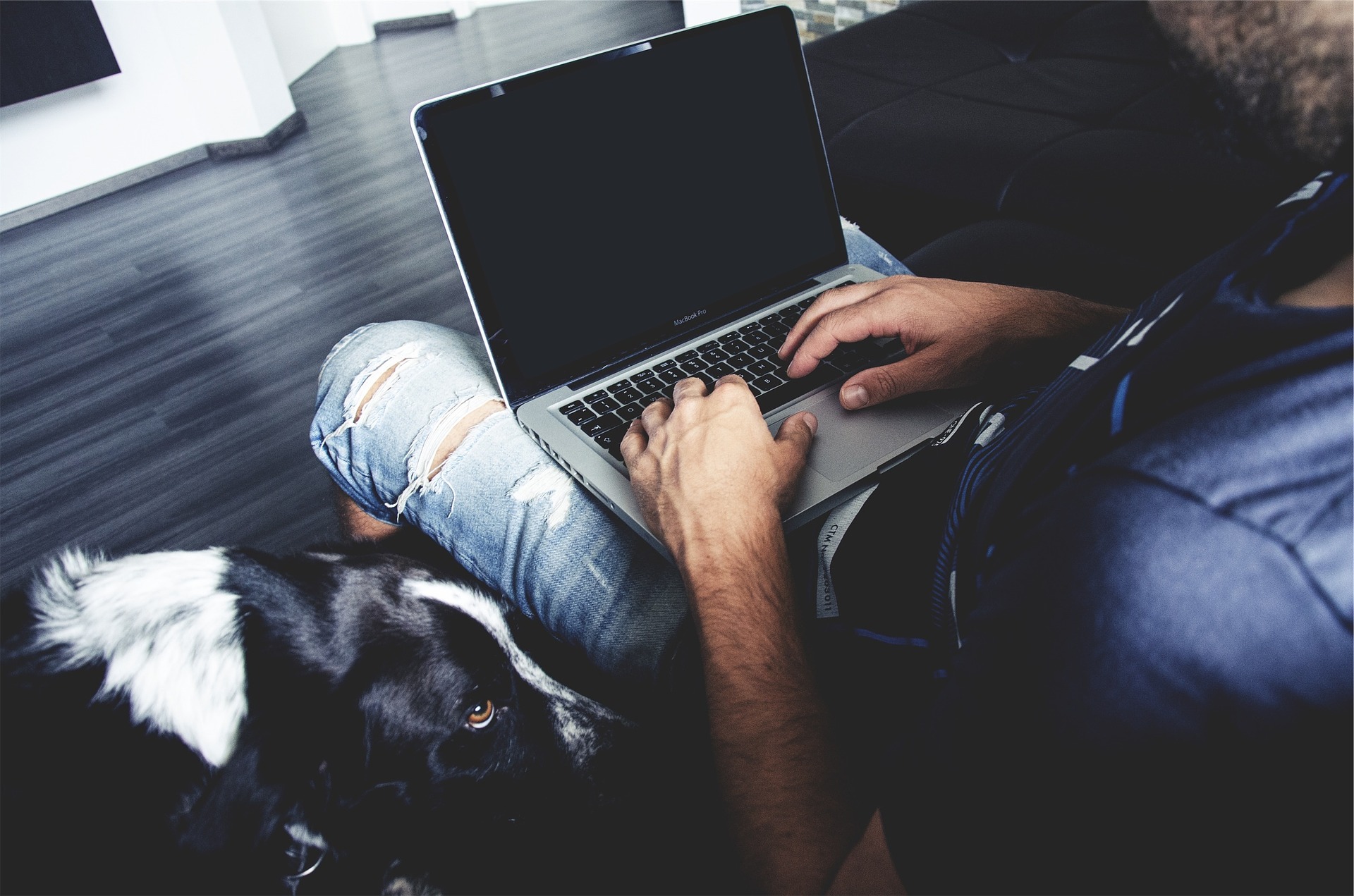 Man sitting with laptop on his lap, next to dog