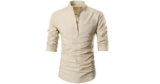 Garsebo Men Button Slim Henley Neck Long Sleeve Casual Linen Shirt
